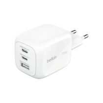 BELKIN Caricatore da Parete GaN 3 Porte 70W Con Adattatori da Viaggio (Bianco)
